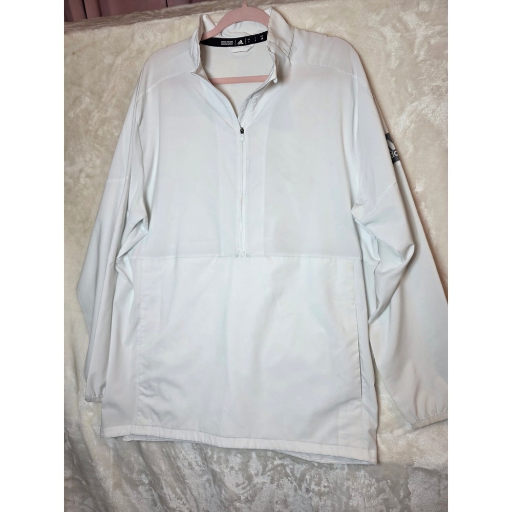 Adidas Mens White Quarter Zip Windbreaker Pullover Jacket Large Logo Sleeve